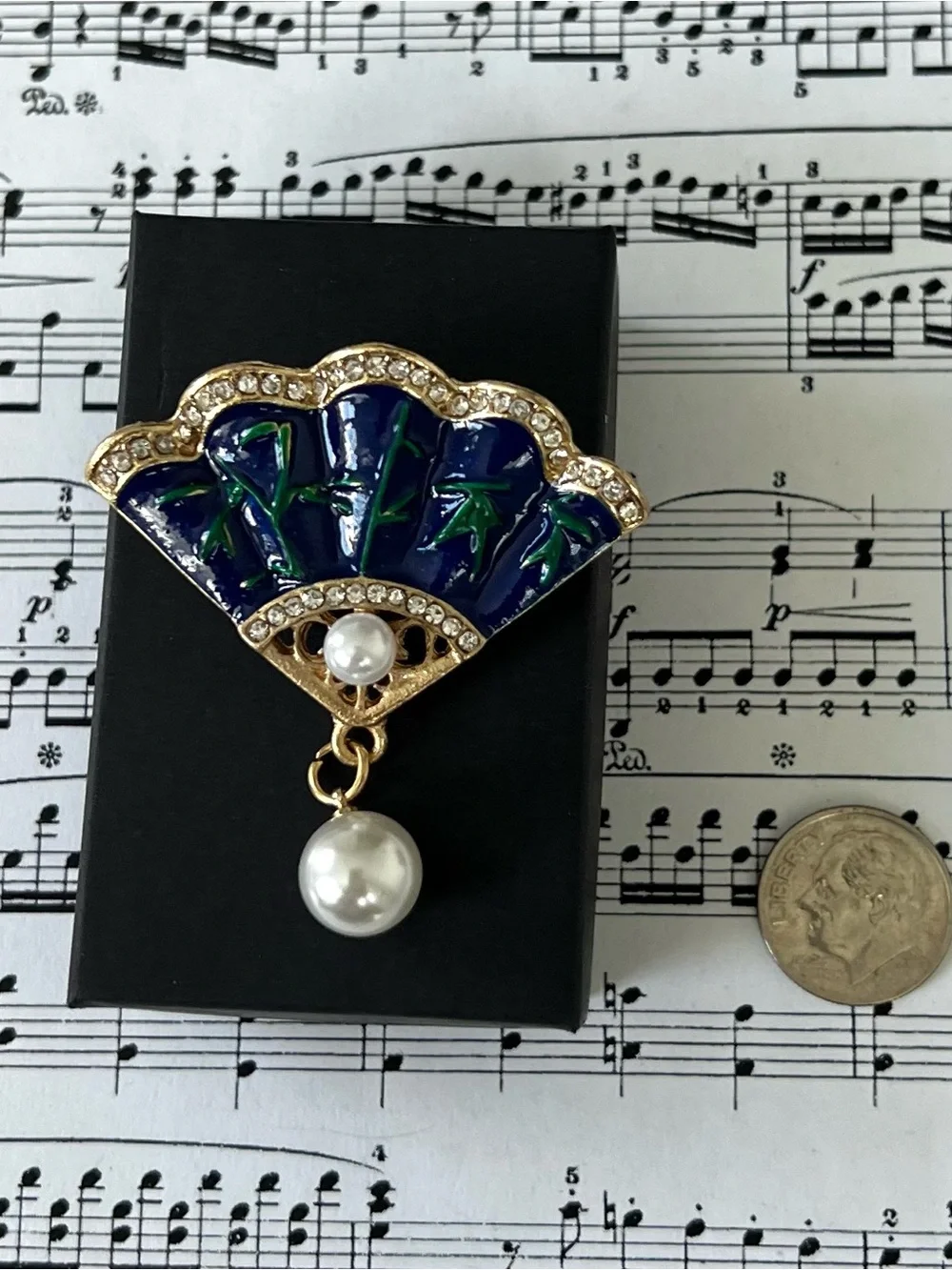Blue Enamel Fan Brooch with Pearl Drop
